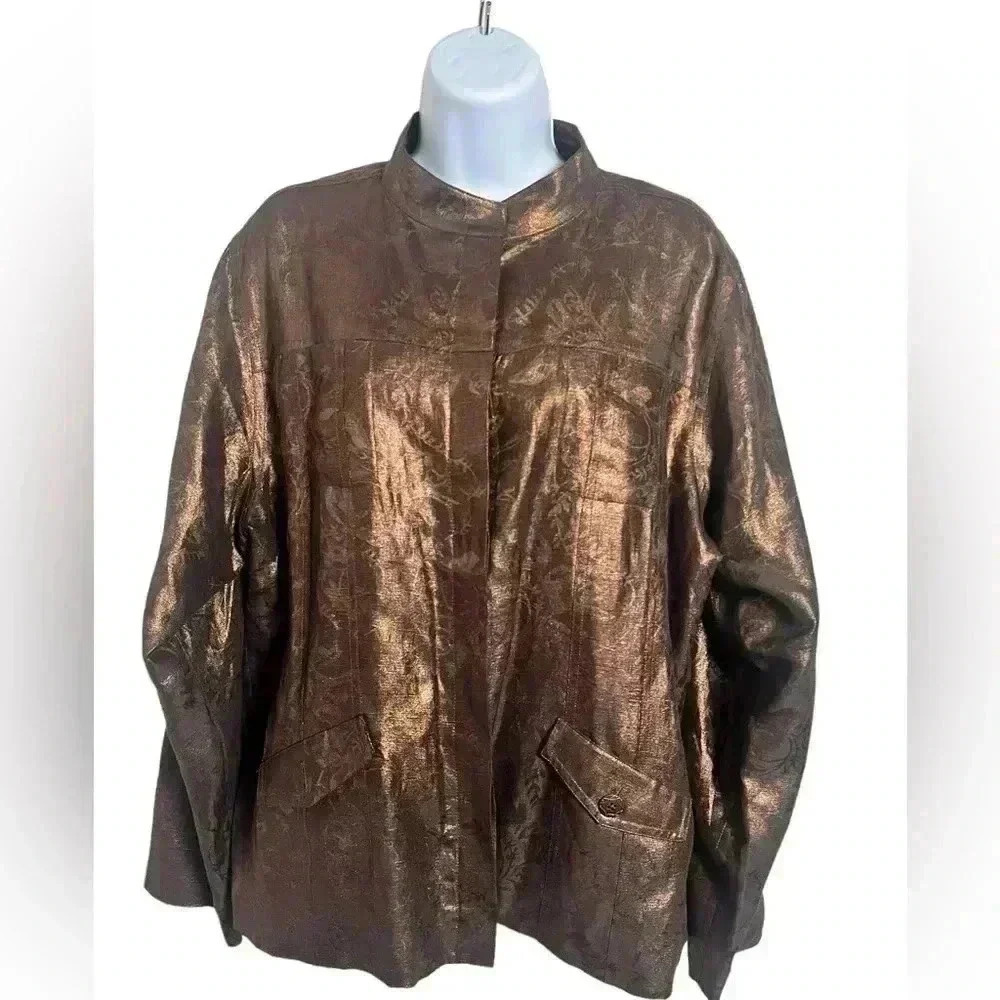Chico’s Silk Linen Blend Metallic Copper Button Front Jacket Women’s Size 3 XL